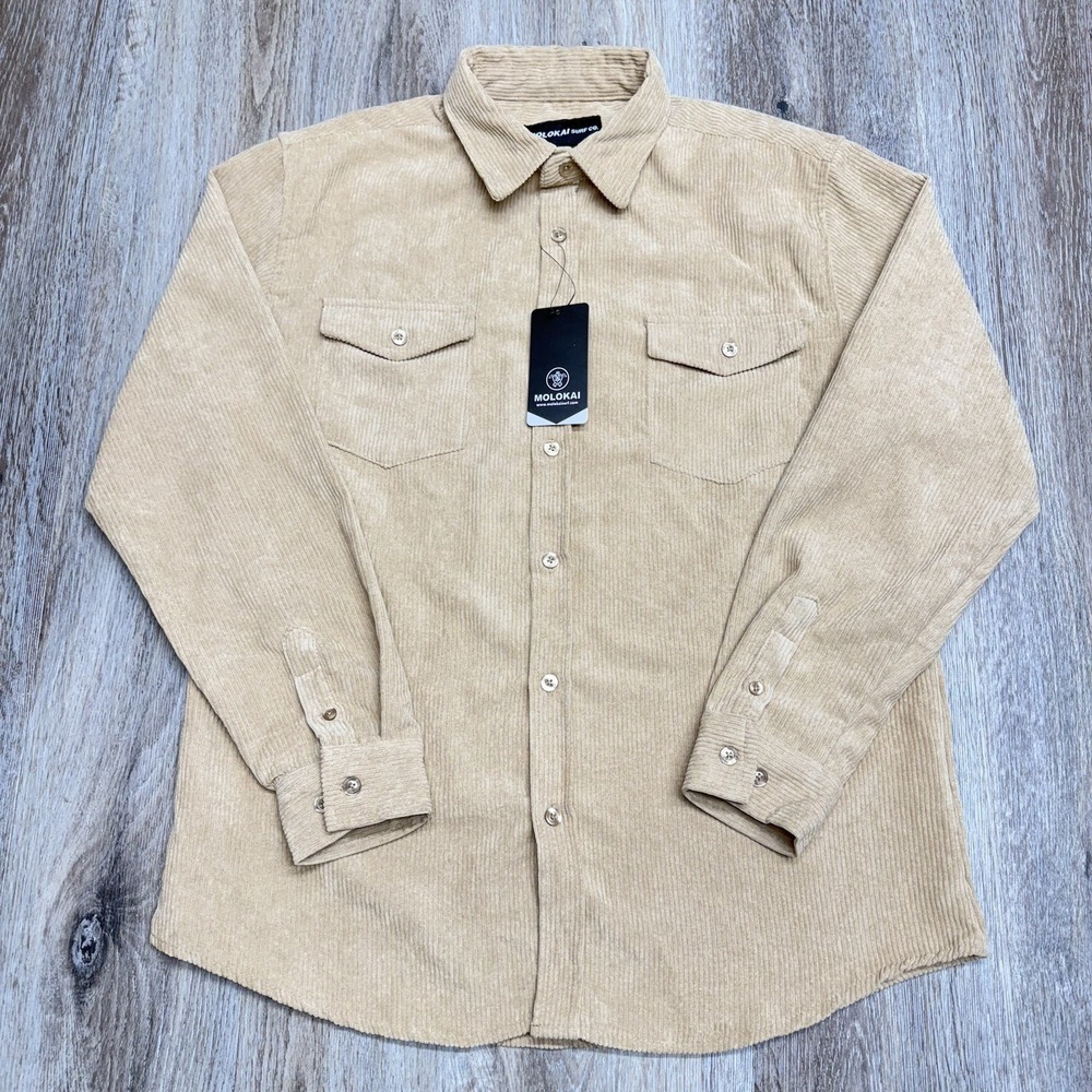 Molokai Surf Co. Corduroy Shirt Mens M Beige Logo Ribbed Button Up Outdoor NWT